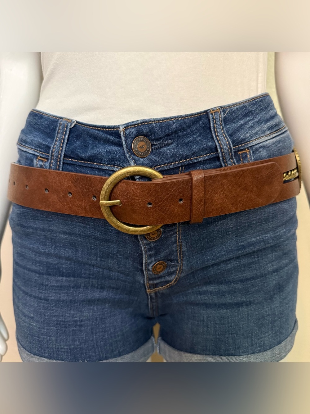 Brown PU leather belt gold tone buckle with heart and chains details